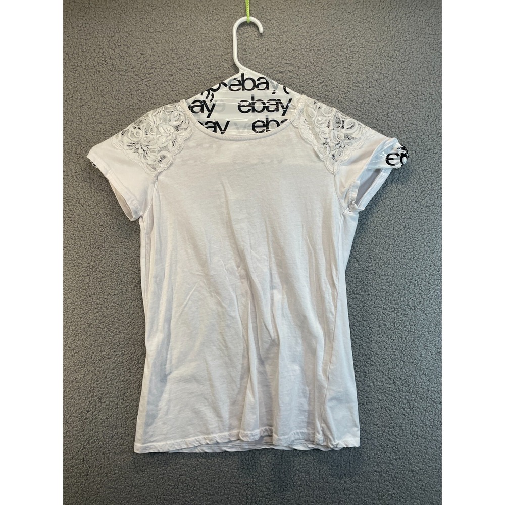 Splash Blouse Top Size 1X Short‎ Sleeve Crew Neck White Top Lace Cap Sleeves